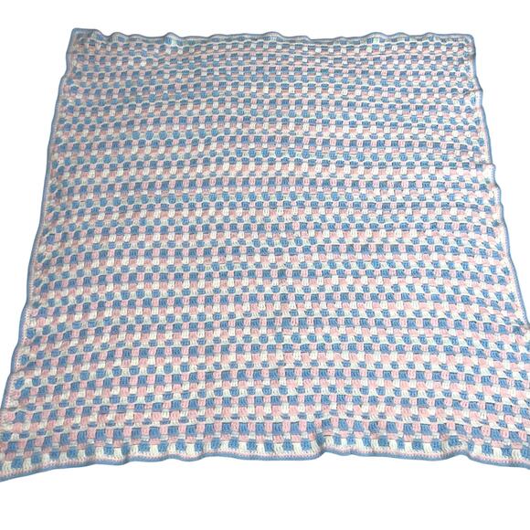 Hand Knit Crochet Afghan Throw Blanket Baby Blanket Blue/Pink/White 37”x38” - Picture 1 of 2